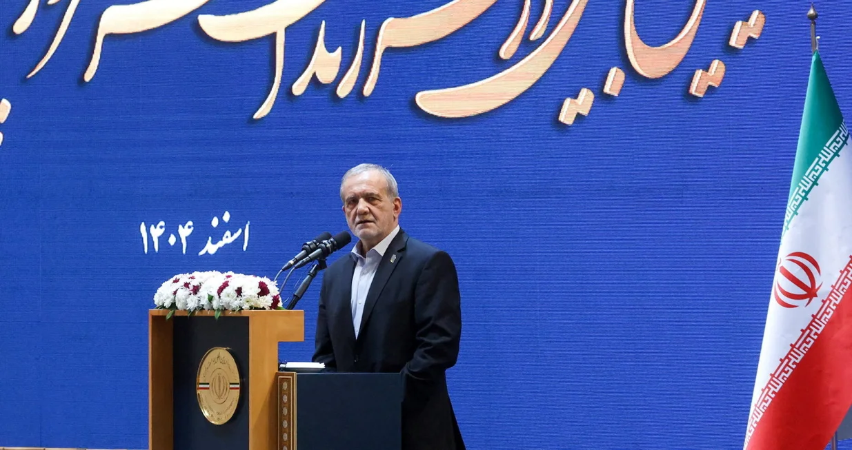 FILE PHOTO: Iranian President Masoud Pezeshkian speaks during a meeting in Tehran, Iran, February 21, 2026. Iran's Presidential website/WANA (West Asia News Agency)/Handout via REUTERS/File Photo/Iran's Presidential Website/wana