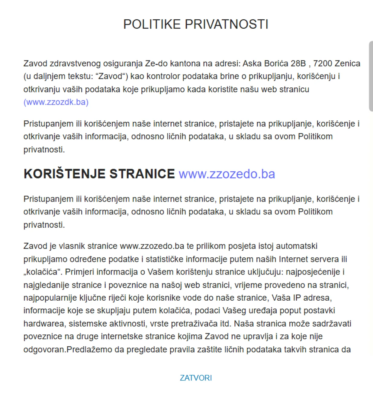 politika privatnosti/Screenshot