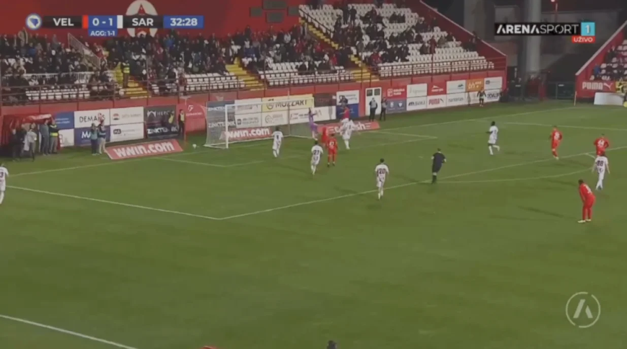 Velež postiže drugi gol (FOTO: Screenshot - Arena Sport)/Foto: 