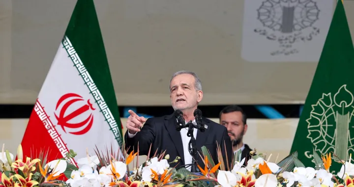 Iranian President Masoud Pezeshkian speaks during the 47th anniversary of the Islamic Revolution in Tehran, Iran, February 11, 2026. Iran's Presidential website/WANA (West Asia News Agency)/Handout via REUTERS ATTENTION EDITORS - THIS PICTURE WAS PROVIDED BY A THIRD PARTY.  TPX IMAGES OF THE DAY/Iran's Presidential Website/wana