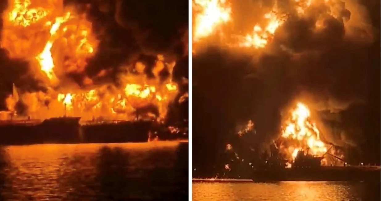 A ship burns, after Iranian explosive-laden boats appear to have attacked two fuel tankers in Iraqi waters setting them ablaze, according to port, maritime security and risk firms, amid the U.S.-Israeli conflict with Iran, in this screengrab taken from a handout video released March 12, 2026.  Media Office of Iraqi Ports/Handout via REUTERS THIS IMAGE HAS BEEN SUPPLIED BY A THIRD PARTY. TPX IMAGES OF THE DAY.  VERIFICATION: - Identity of one tanker confirmed as Zefyros by shape which matched file imagery of the ship - Exact date not verified but no older version of the footage was found posted online before March 12 - Vessel tracking data puts the location of the tankers Zefyros and Safesea Vishnu in Iraqi territorial waters on March 12, 2026 - Iraqi News Agency cited a statement from the State Organization for Marketing of Oil (SOMO) confirming the tankers Safesea Vishnu and Zefyros were hit while they were present in the ship-to-ship loading area within Iraqi territorial waters. - Reuters confirmed with two Iraqi port officials on names of vessels/Media Office Of Iraqi Ports