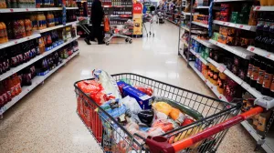 epa10257246 A shopping trolley filled with food at a supermarket in Huddersfield, Britain, 21 October 2022. The Office for National Statistics (ONS) has reported that retail sales fell in Britain in September, with food sales suffering the largest drop. ONS Director Of Economic Statistics Darren Morgan said 'Retailers told us that the fall in September was partly because many stores were closed for the Queen's funeral, but also because of continued price pressures leading consumers to be careful about spending'. EPA/ADAM VAUGHAN/Adam Vaughan