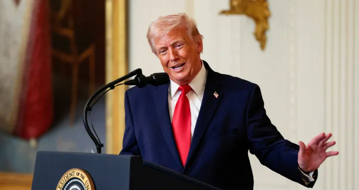 U.S. President Donald Trump speaks during a Women's History Month event in the East Room of the White House in Washington, D.C., U.S., March 12, 2026. REUTERS/Evan Vucci/Evan Vucci