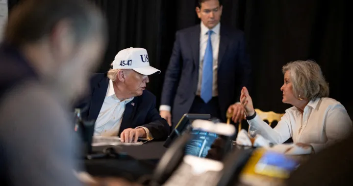 FILE PHOTO: U.S. President Donald Trump speaks with White House Chief of Staff Susie Wiles and Secretary of State Marco Rubio during military operations in Iran, at Trump's Mar-a-Lago resort in Palm Beach, Florida, U.S. February 28, 2026. The White House/Social Media/Handout via REUTERS. THIS IMAGE HAS BEEN SUPPLIED BY A THIRD PARTY. SOME AREAS BLURRED AT SOURCE./File Photo/The White House