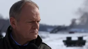 Polish Prime Minister Donald Tusk attends a press conference after watching an open test of unmanned weapon systems conducted by the Polish Armaments Group at the Military Institute of Armament Technology training ground, in Zielonka, Poland, February 19, 2026. REUTERS/Kuba Stezycki/Kuba Stezycki