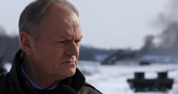Polish Prime Minister Donald Tusk attends a press conference after watching an open test of unmanned weapon systems conducted by the Polish Armaments Group at the Military Institute of Armament Technology training ground, in Zielonka, Poland, February 19, 2026. REUTERS/Kuba Stezycki/Kuba Stezycki