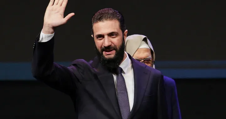 Syrian President Ahmed al-Sharaa attends the Ministry of Awqaf conference titled "Unity of Islamic Discourse" at the Conference Palace in Damascus, Syria, February 16, 2026. REUTERS/Khalil Ashawi/Khalil Ashawi