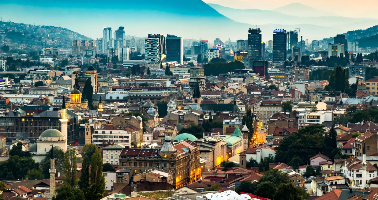 Sarajevo, Bosnia and Herzegovina - August 29 2019 Sunset view of Sarajevo historical downtown from most popular panoramic spot Yellow Fortress (Zuta Tabija), Vratnik/