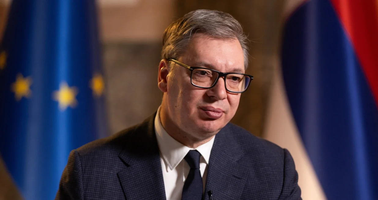 Serbian President Aleksandar Vucic attends an interview with Reuters in Belgrade, Serbia, February 4, 2026. REUTERS/Djordje Kojadinovic/Djordje Kojadinovic