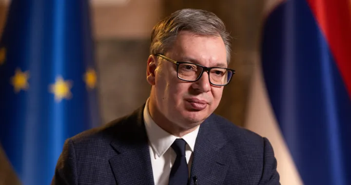 Serbian President Aleksandar Vucic attends an interview with Reuters in Belgrade, Serbia, February 4, 2026. REUTERS/Djordje Kojadinovic/Djordje Kojadinovic