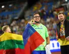 Athletics - European Athletics Championships - Alexander Stadium, Birmingham, Britain - August 13, 2026 Gold medallist Slovenia's Kristjan Ceh celebrates winning the Men's Discus Throw Final with silver medallist Lithuania's Mykolas Alekna and bronze medallist Germany's Henrik Janssen REUTERS/Hannah Mckay/Hannah Mckay